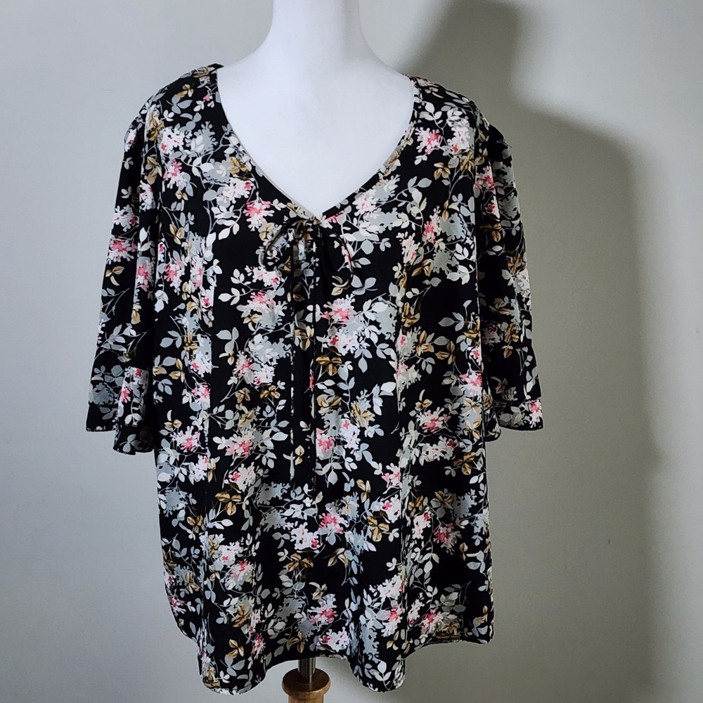 Floral V-Neck Blouse Womens 1XL Black Ruffle Sleeve Tie Front Romantic Academia